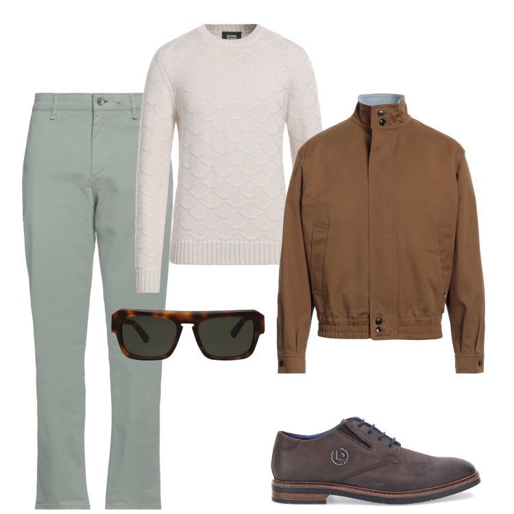 Outfit uomo - Giornata primaverile. Stile Business/Elegante per Ufficio. Abbinamento con pantaloni, pullovers, giacche, occhiali da sole, scarpe stringate.