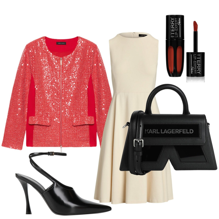 Outfit donna - Serata di San Valentino. Stile Romantica per Serata fuori. Abbinamento con borse a mano, décolleté, rossetti, vestiti senza maniche, blazer.