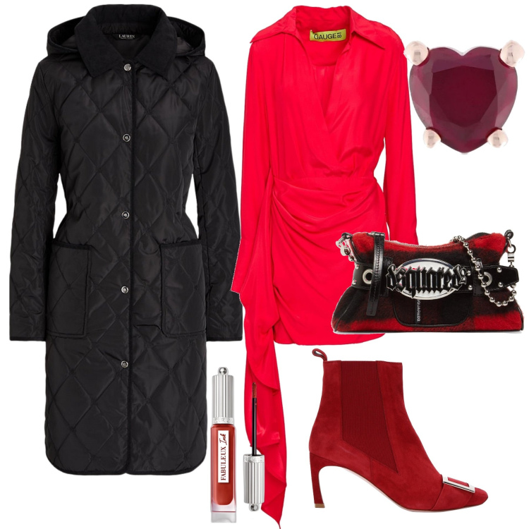 Outfit donna - Pronta per stasera. Stile Urban per Serata fuori. Abbinamento con stivaletti, vestiti corti, rossetti, cappotti, orecchini, pochette.