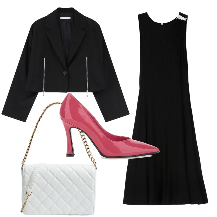 Outfit donna - Minimal. Stile Glamour per Serata fuori. Abbinamento con borse a tracolla, vestiti asimmetrici, blazer, décolleté.