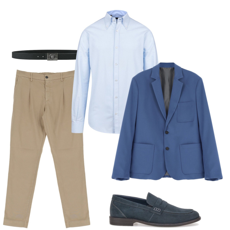 Outfit uomo - City. Stile Business/Elegante per Ufficio. Abbinamento con cinture, giacche, pantaloni chino, scarpe stringate, camicie.