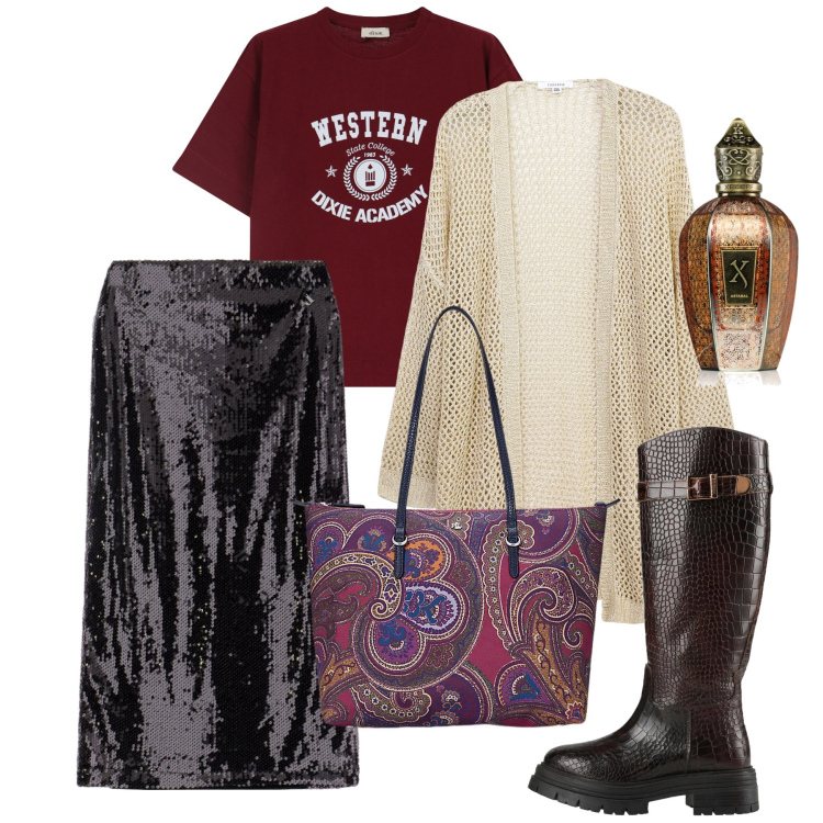 Outfit donna - Febbraio. Stile Urban per Serata fuori. Abbinamento con stivali, kimono, profumi, gonne longuette, t-shirt, borse tote.