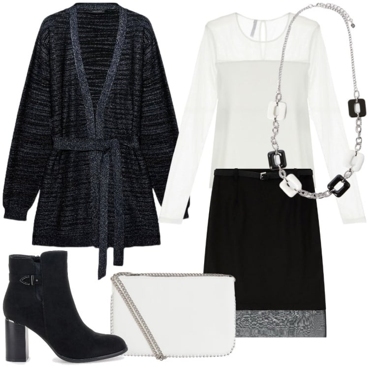 Outfit donna - Cena fuori. Stile Bon Ton per Serata fuori. Abbinamento con borse a tracolla, gonne longuette, maglieria, stivaletti, cardigans, collane.