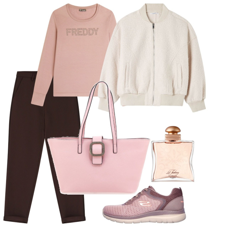 Outfit donna - Pink. Stile Basic per Tutti i giorni. Abbinamento con profumi, bomber, pantaloni, felpe, sneakers, borse a spalla.