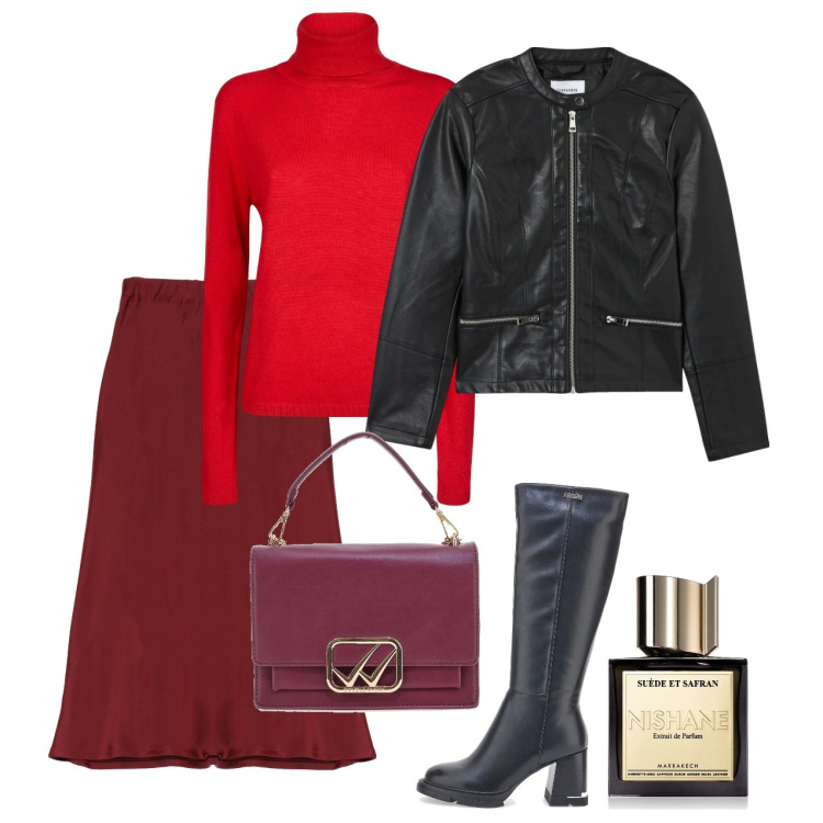 Outfit donna - Febbraio. Stile Urban per Tutti i giorni. Abbinamento con profumi, blazer, gonne, stivali, maglieria, borse a tracolla.