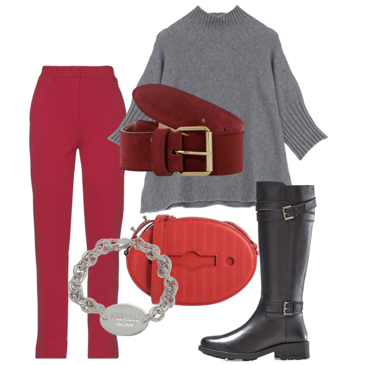 Outfit donna - Febbraio. Stile Chic per Tutti i giorni. Abbinamento con stivali, braccialetti, pantaloni, borse a tracolla, maglieria, cinture.