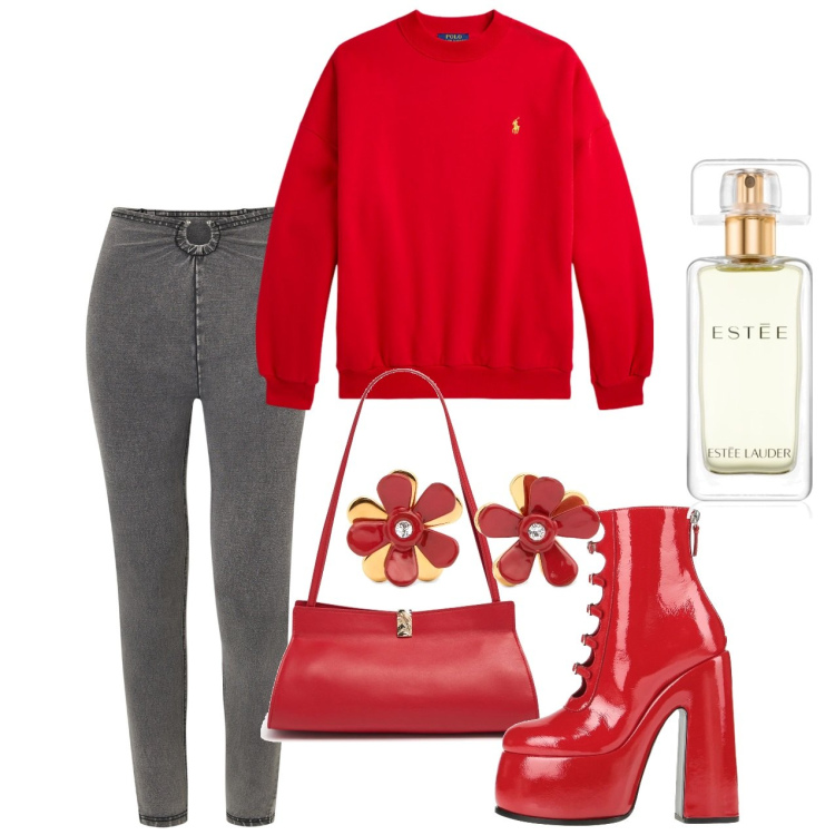 Outfit donna - Febbraio. Stile Urban per Serata fuori. Abbinamento con profumi, stivaletti, jeggings, felpe, orecchini, borse a spalla.