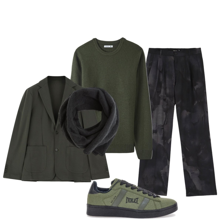 Outfit uomo - Verde muschio e nero. Stile Trendy per Tutti i giorni. Abbinamento con sciarpe e foulard, maglieria, pantaloni, giacche, sneakers.