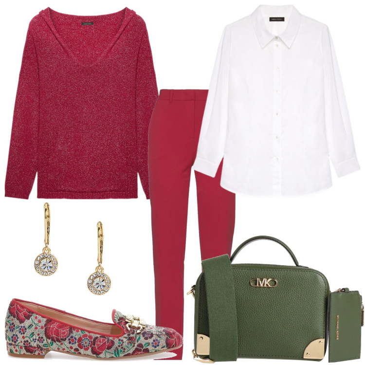 Outfit donna - Giorno in ufficio. Stile Glamour per Ufficio. Abbinamento con borse a tracolla, pantaloni, orecchini, mocassini, camicie, maglieria.