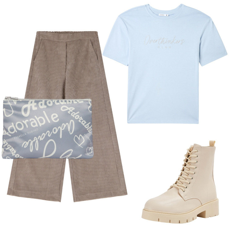 Outfit donna - Azzurro cielo. Stile Casual per Scuola/Università. Abbinamento con t-shirt, anfibi, pantaloni, pochette.