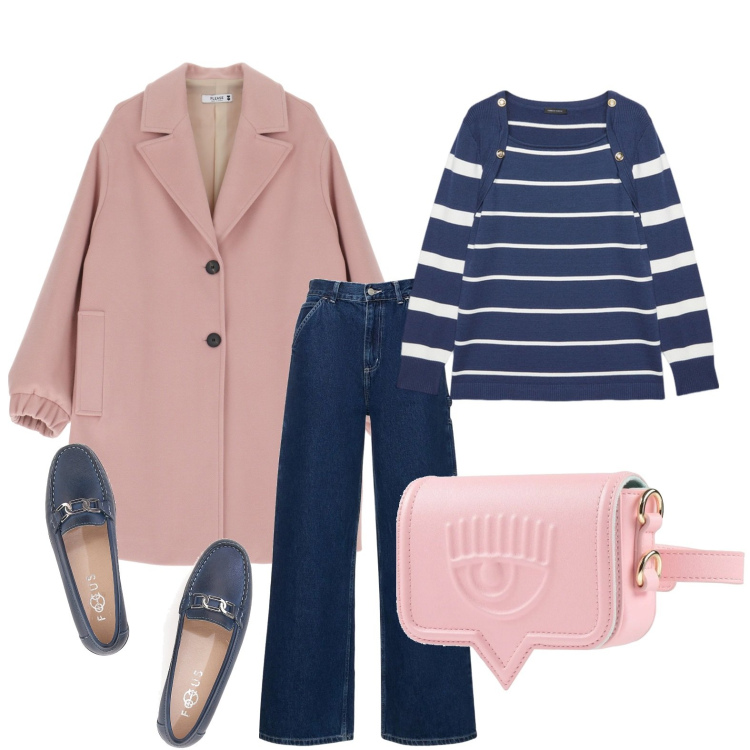 Outfit donna - Incontro con gli amici. Stile Casual per Tutti i giorni. Abbinamento con marsupi, cappotti, mocassini, maglieria, pantaloni.