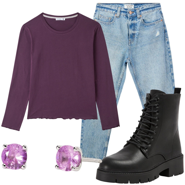 Outfit donna - Semplice con un tocco di luce. Stile Casual per Scuola/Università. Abbinamento con jeans mom, t-shirt, anfibi, orecchini.
