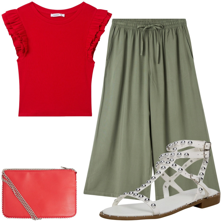 Outfit donna - Patriotic. Stile Casual per Tutti i giorni. Abbinamento con pantaloni a palazzo, borse a tracolla, t-shirt, sandali.