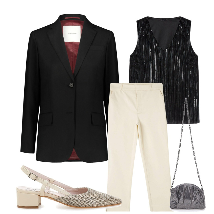 Outfit donna - Blazer e décolleté. Stile Minimal per Serata fuori. Abbinamento con pantaloni chino, blazer, ballerine, top, pochette.