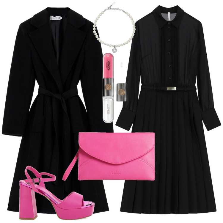 Outfit donna - Abito per l\'ufficio o per la cena. Stile Glamour per Serata fuori. Abbinamento con borse a mano, rossetti, braccialetti con ciondoli, cappotti, vestiti, sandali col tacco.