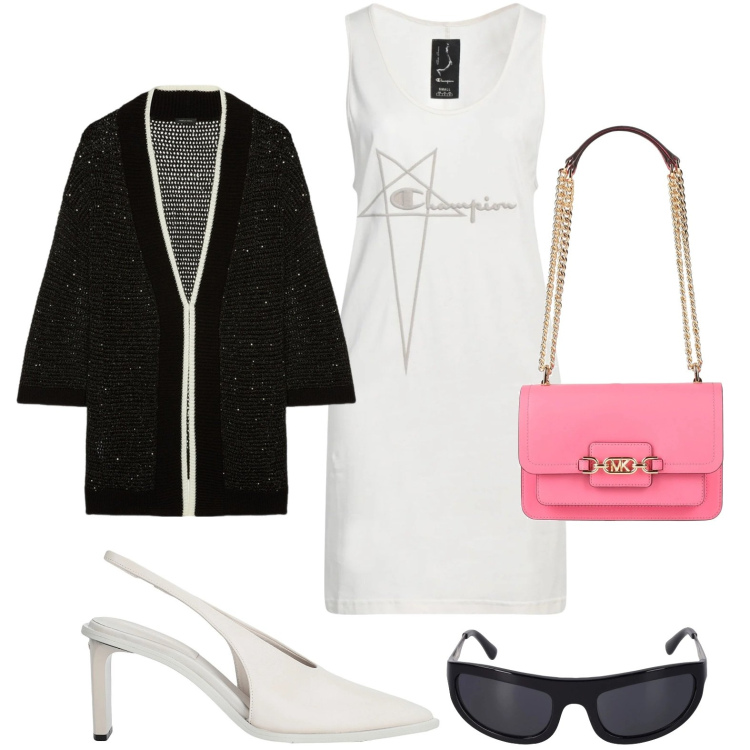 Outfit donna - Slingback e tubino. Stile Chic per Serata fuori. Abbinamento con vestiti corti, borse a spalla, décolleté, cardigans, occhiali da sole.