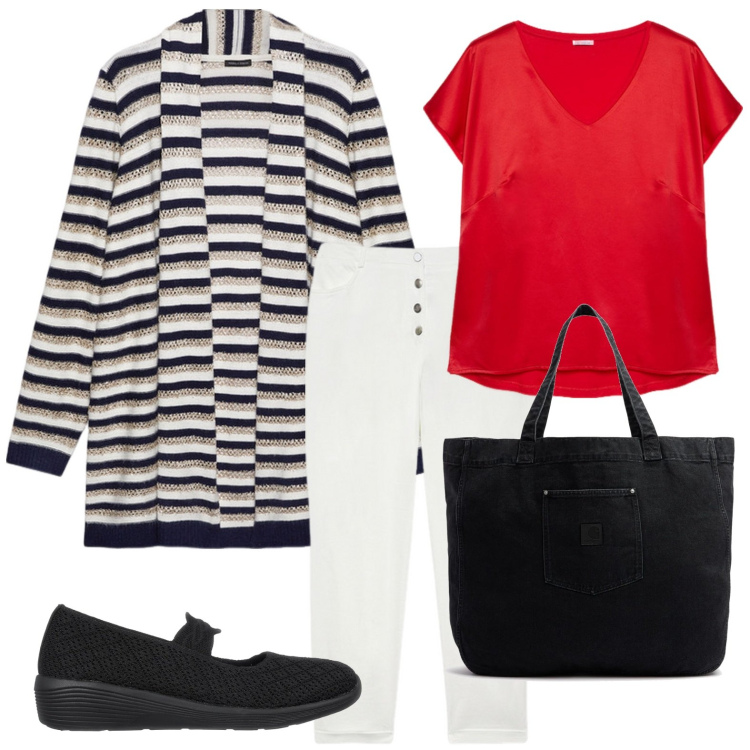 Outfit donna - Cardigan over. Stile Casual chic per Ufficio. Abbinamento con ballerine, cardigans, pantaloni, t-shirt, shopping bag.