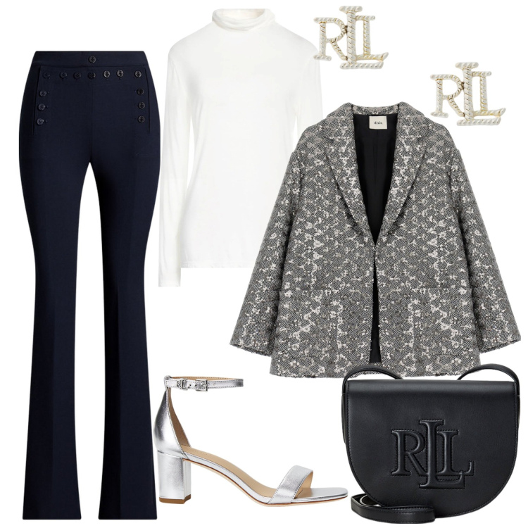 Outfit donna - Un blazer per brillare. Stile Glamour per Serata fuori. Abbinamento con t-shirt, blazer, borse a tracolla, orecchini, sandali in pelle, pantaloni.