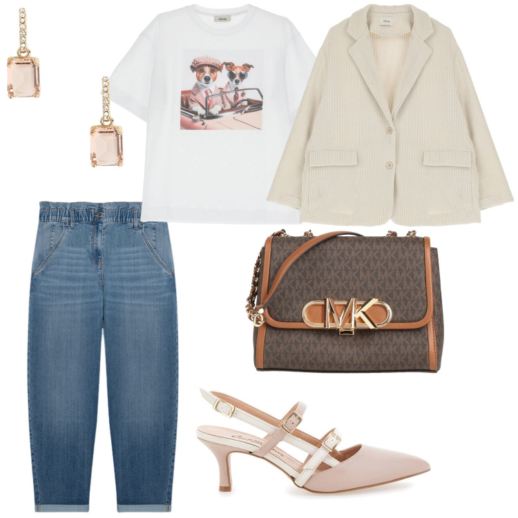 Outfit donna - Aria di primavera. per Ufficio. Abbinamento con borse a tracolla, blazer, t-shirt, orecchini, décolleté, jeans.