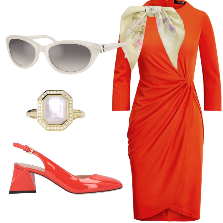 Outfit donna - In love with orange. Stile Chic per Ufficio. Abbinamento con décolleté, anelli, vestiti, occhiali da sole, foulard.