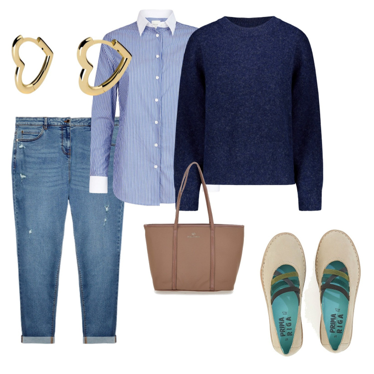 Outfit donna - Vestirsi leggero. per Scuola/Università. Abbinamento con orecchini, ballerine, maglieria, jeans strappati, camicie, borse a spalla.