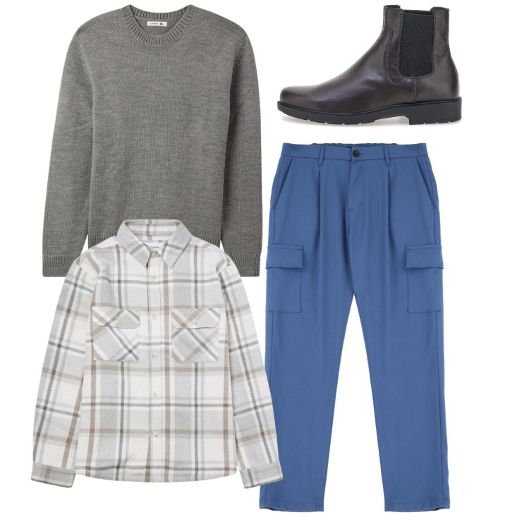 Outfit uomo - City. Stile Casual per Tutti i giorni. Abbinamento con maglieria, cappotti, pantaloni cargo, stivali e stivaletti.