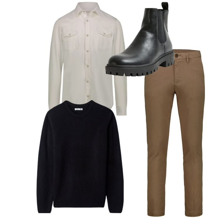 Outfit uomo - City. Stile Casual per Tutti i giorni. Abbinamento con stivali e stivaletti, maglieria, camicie, pantaloni chino.