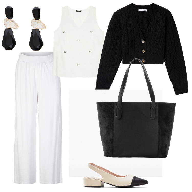 Outfit donna - Un tocco di Chanel. per Tutti i giorni. Abbinamento con décolleté, pantaloni, shopping bag, cardigans, orecchini, top.