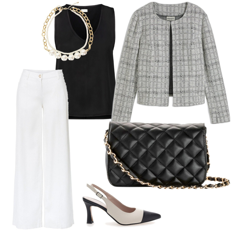 Outfit donna - A lavoro. per Ufficio. Abbinamento con pantaloni a palazzo, borse a tracolla, cardigans, collane, décolleté, top.