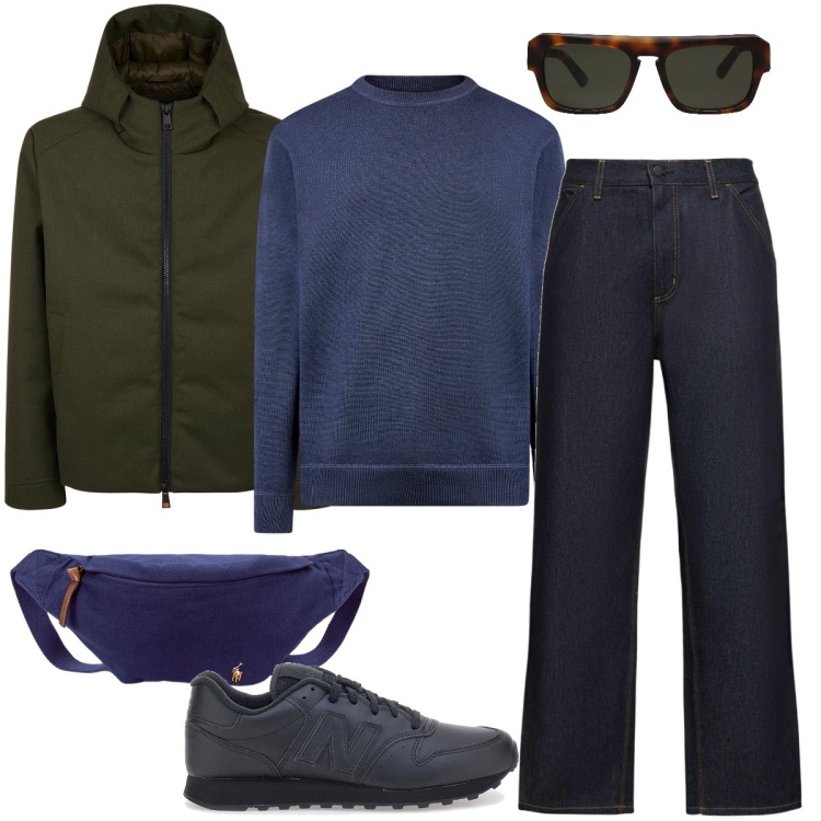 Outfit uomo - Il marsupio blu. Stile Urban per Tutti i giorni. Abbinamento con occhiali da sole, borse sportive, maglieria, sneakers, giacche, jeans.