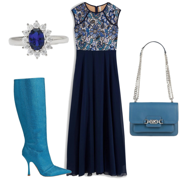 Outfit donna - Minimal chic. Stile Chic per Serata fuori. Abbinamento con borse a spalla, stivali, vestiti lunghi, anelli.