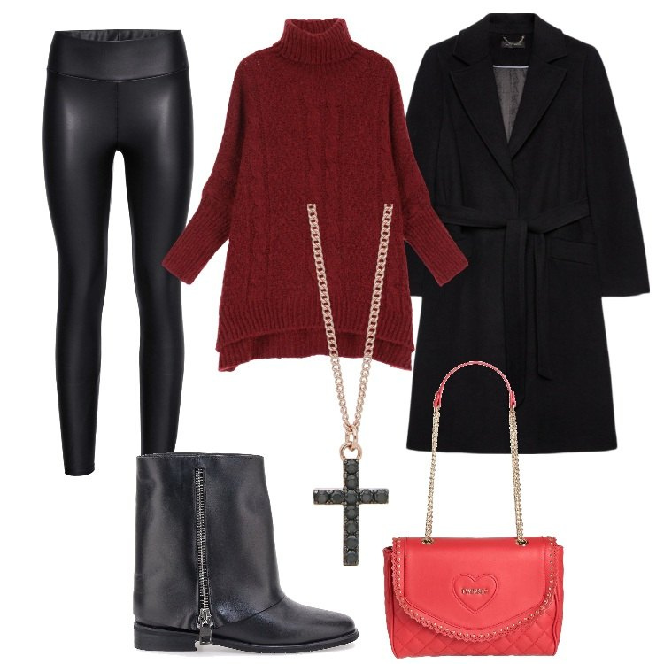 Outfit donna - Il Rosso acceso. Stile Casual chic per Tutti i giorni. Abbinamento con leggings, borse a mano, collane, maglieria, stivaletti, cappotti.
