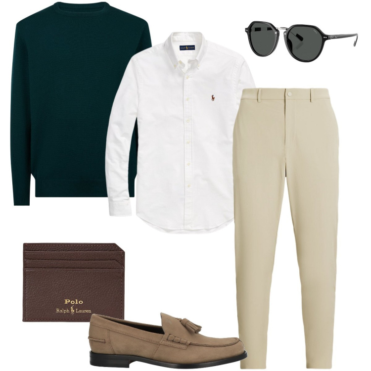 Outfit uomo - Primavera alle porte. Stile Business/Elegante per Ufficio. Abbinamento con scarpe stringate, camicie, occhiali da sole, portafogli, pantaloni, maglieria.