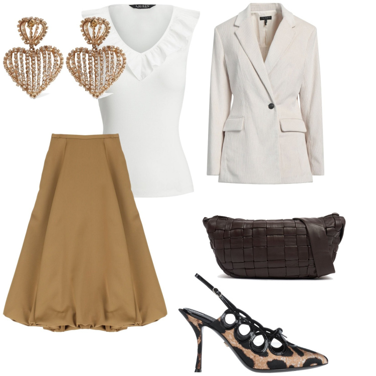 Outfit donna - Riunione di lavoro. per Ufficio. Abbinamento con décolleté, blazer, gonne longuette, top, orecchini, borse a spalla.