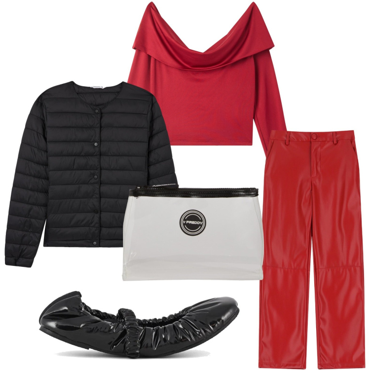 Outfit donna - Giornata in città. Stile Casual chic per Tutti i giorni. Abbinamento con t-shirt, piumini, pantaloni, valigie, ballerine.