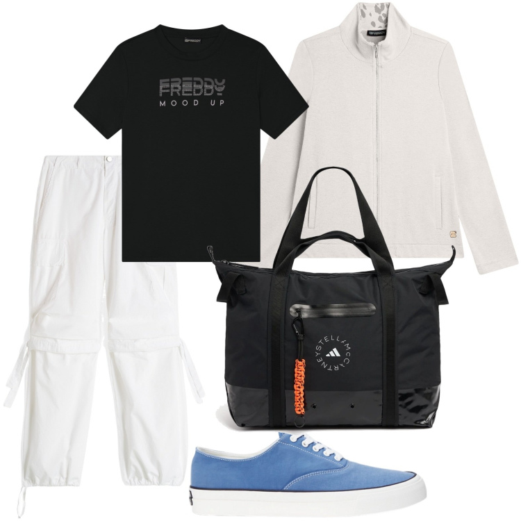 Outfit donna - Sporty chic. Stile Sporty chic per Sport. Abbinamento con felpe, pantaloni cargo, t-shirt, sneakers, shopping bag.