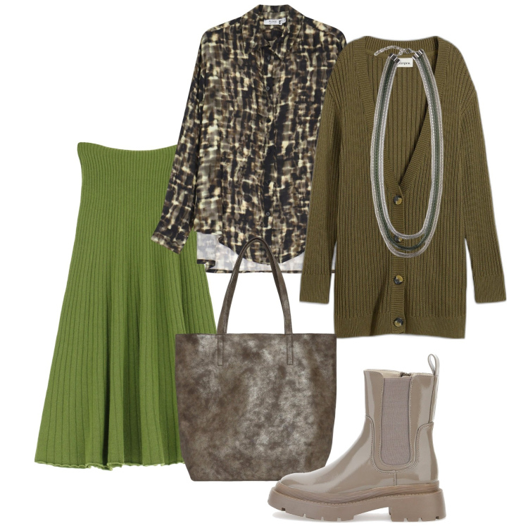 Outfit donna - Febbraio. Stile Bon Ton per Ufficio. Abbinamento con cardigans, borse tote, camicie, gonne longuette, anfibi, collane.