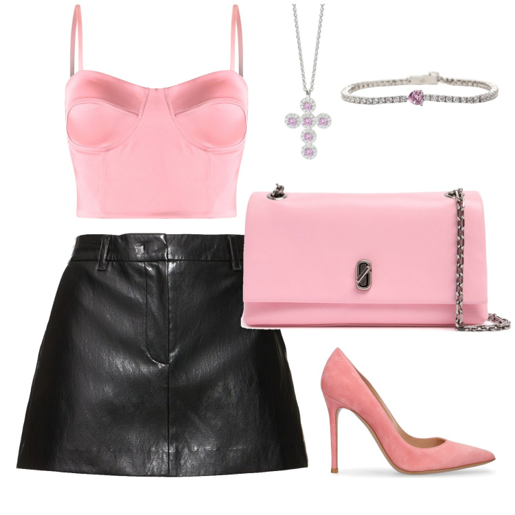 Outfit donna - Innamoramento istantaneo. Stile Casual chic per Serata fuori. Abbinamento con canottiere, braccialetti, ciondoli, décolleté, minigonne, pochette.