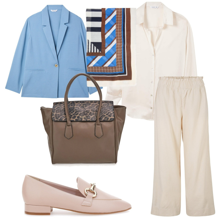 Outfit donna - Per un aperitivo. per Tutti i giorni. Abbinamento con pantaloni culotte, blazer, camicie, foulard, mocassini, borse a mano.