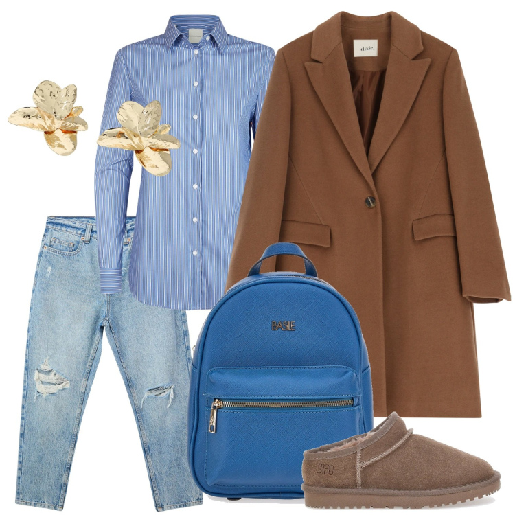 Outfit donna - Cappotto tabacco. Stile Urban per Scuola/Università. Abbinamento con jeans mom, cappotti, orecchini, zaini, zoccoli, camicie.
