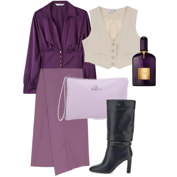 Outfit donna - Febbraio. Stile Chic per Serata fuori. Abbinamento con profumi, bluse, gilet, gonne longuette, stivali, pochette.