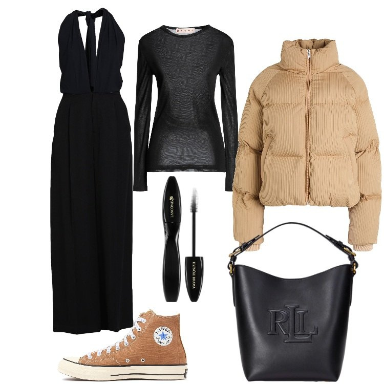 Outfit donna - Tuta elegante passpartout. Stile Casual chic per Tutti i giorni. Abbinamento con tute, piumini, t-shirt, mascara, borse a secchiello, sneakers.