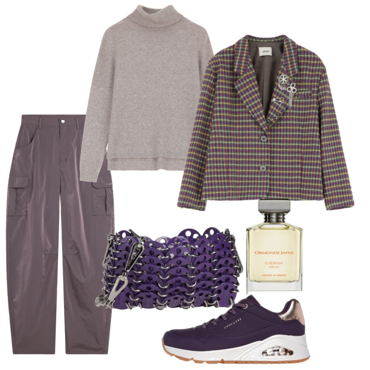 Outfit donna - Febbraio. Stile Urban per Tutti i giorni. Abbinamento con borse a tracolla, profumi, maglieria, pantaloni cargo, blazer, sneakers.