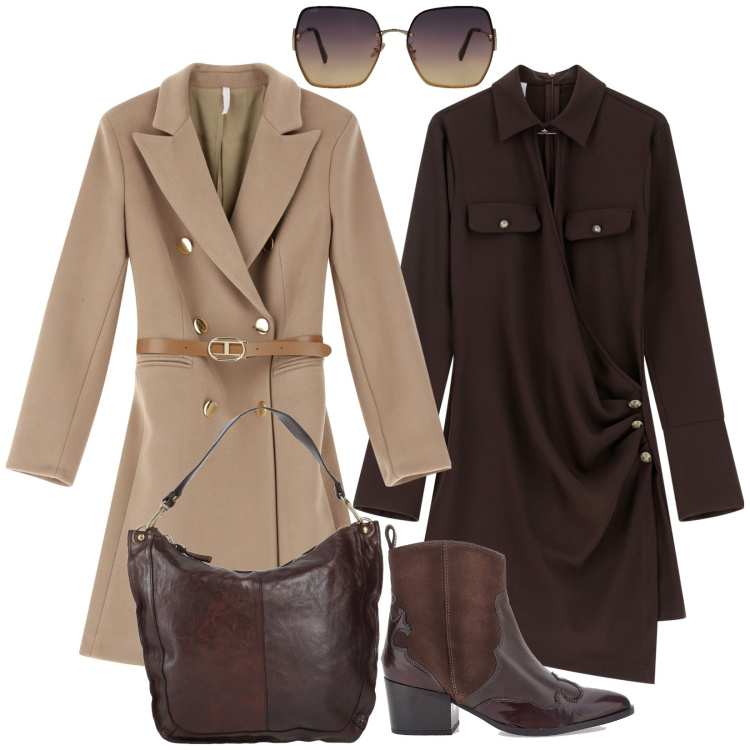 Outfit donna - Chiaroscuro. Stile Casual chic per Tutti i giorni. Abbinamento con occhiali da sole, borse a spalla, cappotti, vestiti asimmetrici, stivaletti texani.