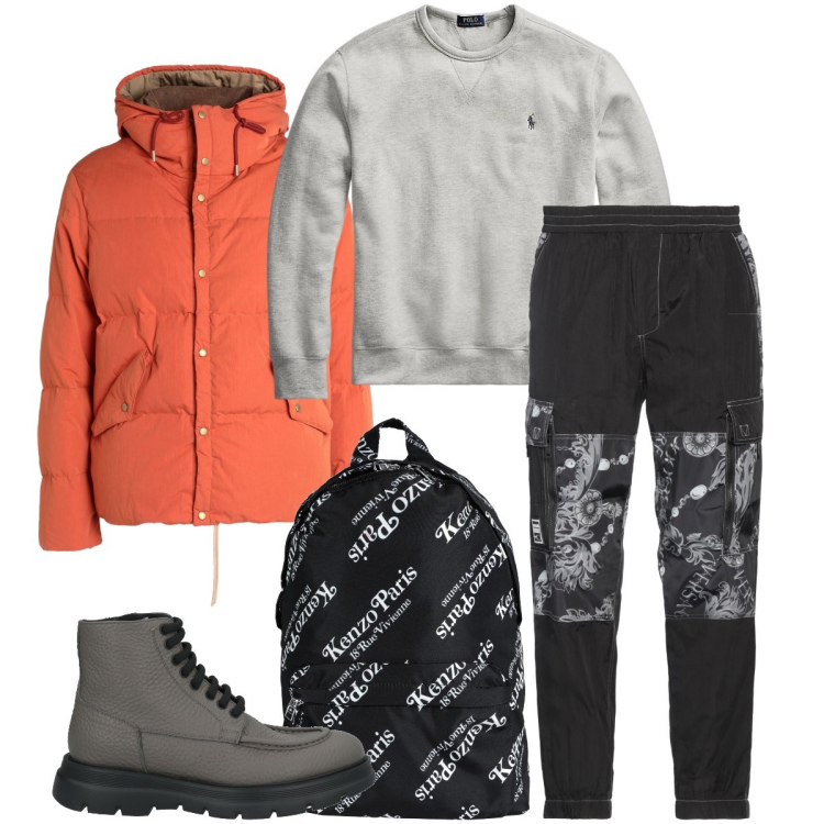 Outfit uomo - A sciare. Stile Casual per Sport. Abbinamento con piumini, pantaloni cargo, borse sportive, stivali e stivaletti, felpe.