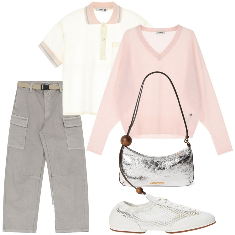 Outfit donna - Cargo in città. Stile Casual per Tutti i giorni. Abbinamento con pantaloni chino, polo, pullovers, ballerine, borse a spalla.