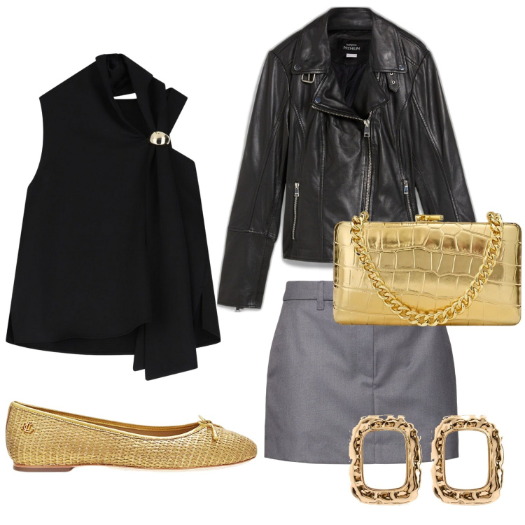 Outfit donna - Top e oro. Stile Glamour per Serata fuori. Abbinamento con blazer, top, clutch, ballerine, orecchini, minigonne.