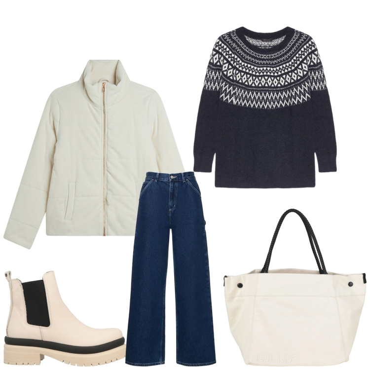 Outfit donna - Subito pronta. Stile Casual per Tutti i giorni. Abbinamento con stivaletti, borse a mano, maglieria, piumini, pantaloni.