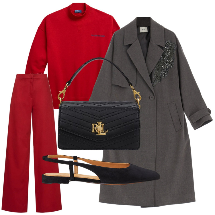 Outfit donna - Il cappotto con ricamo. Stile Chic per Serata fuori. Abbinamento con cappotti, felpe, ballerine, borse a tracolla, pantaloni.