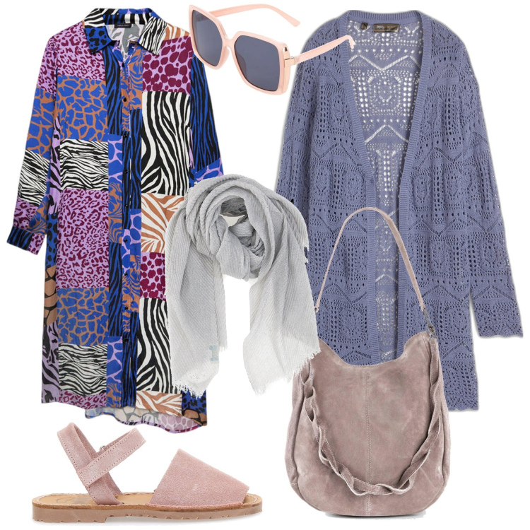 Outfit donna - Anticipi di primavera. Stile Glamour per Tutti i giorni. Abbinamento con borse a mano, cardigans, foulard, vestiti chemisier, sandali in pelle, occhiali da sole.